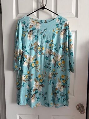 J. Jill Floral Pleat-Back Tunic Luxe Supima Boho 3/4 Sleeve Top